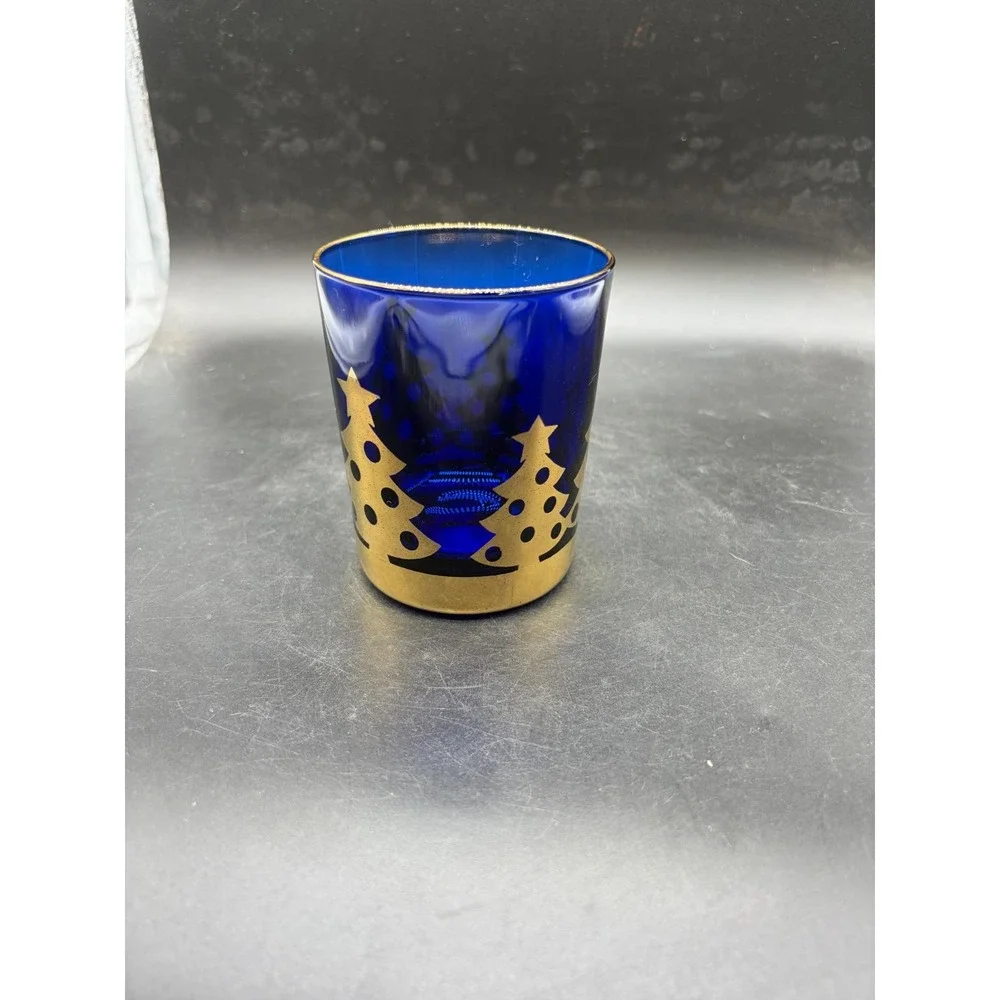 Vintage Cobalt Blue Glass Christmas Tree Candle Holder Gold Trim Made in Italy